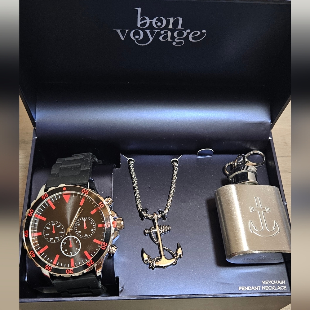 Nautical Themed 3-piece black & red watch giftset w/ ⚓️ pendant & flask Keychain
